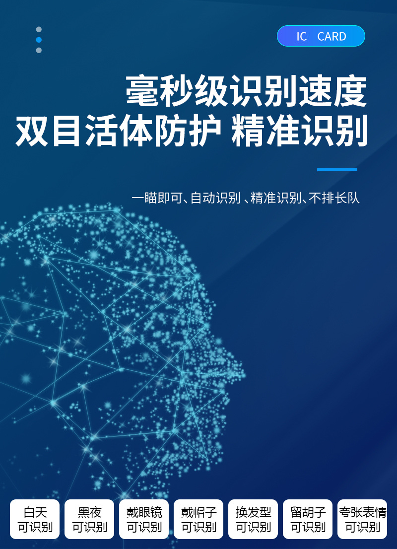 毫秒級(jí)識(shí)別速度,輕松支付,雙目活體防護(hù),精準(zhǔn)識(shí)別 毫秒級(jí)識(shí)別速度,輕松支付,雙目活體防護(hù),精準(zhǔn)識(shí)別,一瞄即可,自動(dòng)識(shí)別,不排長(zhǎng)隊(duì),白天、黑夜、戴眼鏡、戴帽子、換發(fā)型、留胡子、夸張表情 都可識(shí)別