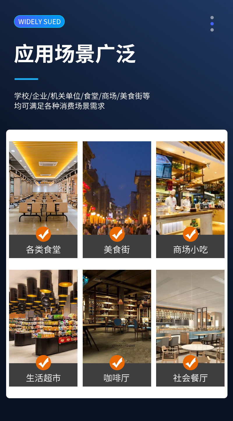 應(yīng)用場(chǎng)景廣泛,學(xué)校、企業(yè)、機(jī)關(guān)單位、食堂、商場(chǎng)、美食街等,均可滿足各類(lèi)消費(fèi)場(chǎng)景需求 應(yīng)用場(chǎng)景廣泛,學(xué)校、企業(yè)、機(jī)關(guān)單位、食堂、商場(chǎng)、美食街等,均可滿足各類(lèi)消費(fèi)場(chǎng)景需求