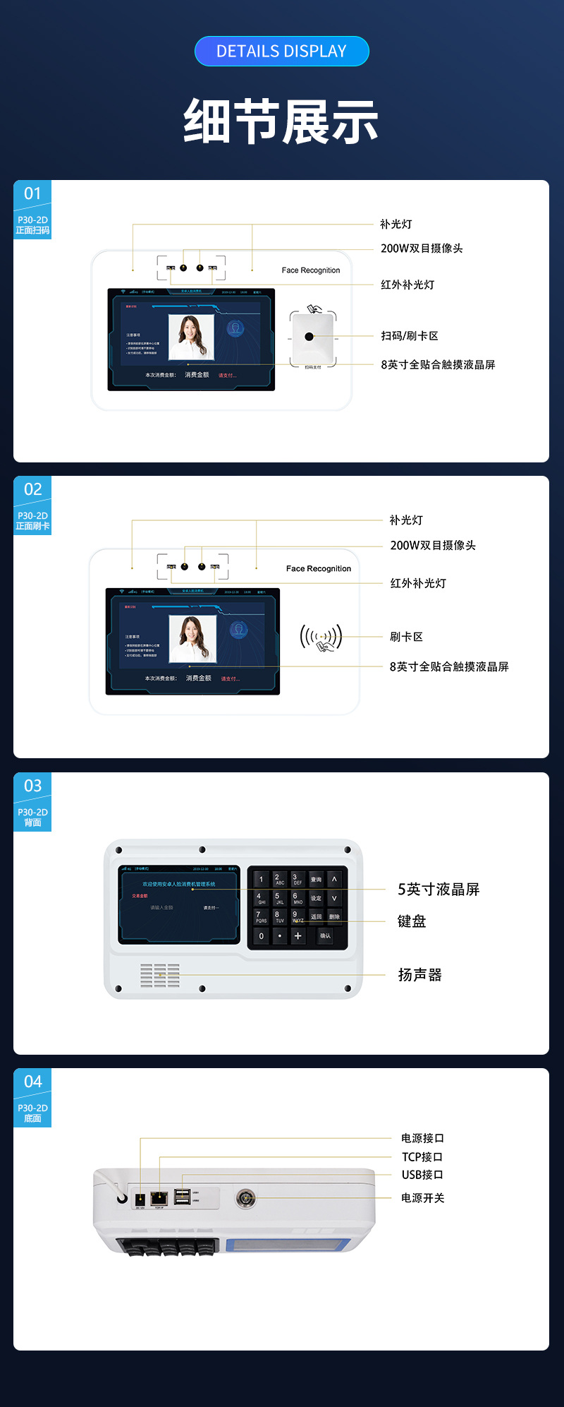 細(xì)節(jié)展示 正面、背面、底面 細(xì)節(jié)展示,正面、背面、底面,補(bǔ)光燈,200W雙目攝像頭,紅外補(bǔ)光燈,掃碼/刷卡區(qū),8英寸全貼合觸控液晶屏,5英寸液晶屏,鍵盤(pán),揚(yáng)聲器,電源接口,TCP接口,USB接口,電源開(kāi)關(guān)