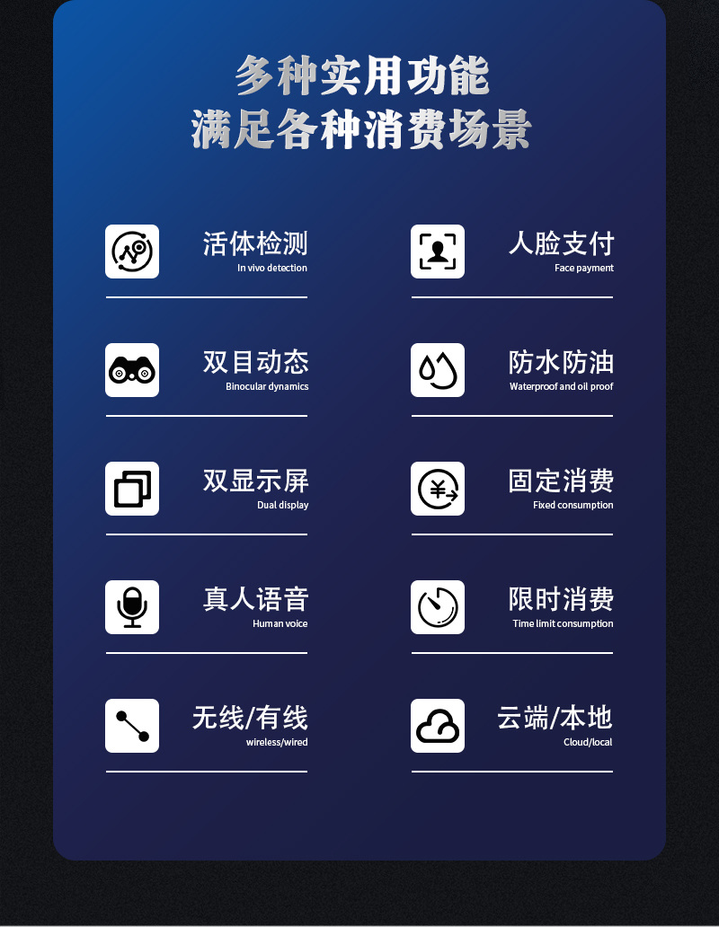 多種消費(fèi)實用功能，人臉支付、活體檢測、防水防油、固定消費(fèi)